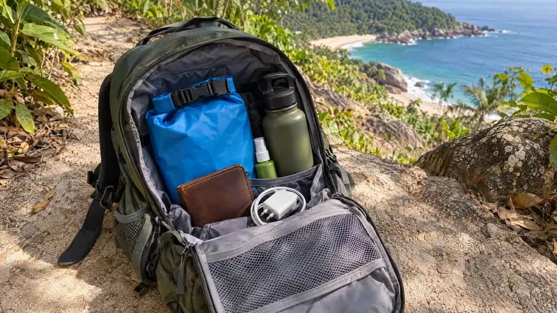 Mochila aberta com bolsa impermeável, garrafa, repelente e carregador