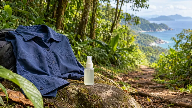 Frasco de repelente e camisa de manga longa em uma trilha de mata